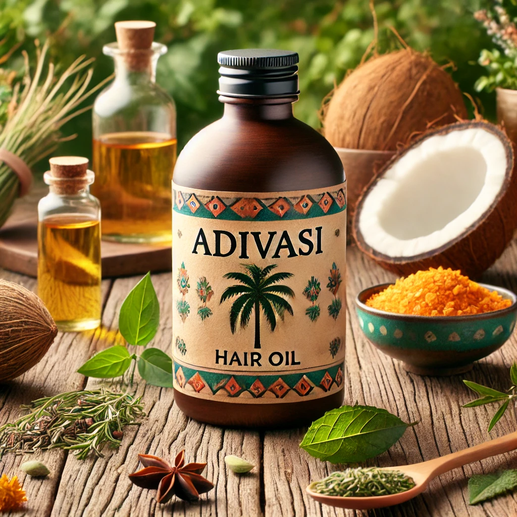 A bottle of traditional Adivasi hair oil on a wooden table, surrounded by natural ingredients such as amla, coconut, neem leaves, and herbs. The bottle features a rustic label with tribal motifs, and the background includes greenery, emphasizing the organic and traditional nature of the product.