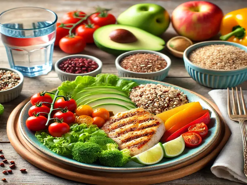 colourful, balanced meal featuring fresh vegetables, grilled chicken, quinoa, avocado slices, and a glass of water, promoting a healthy diet for losing belly fat.